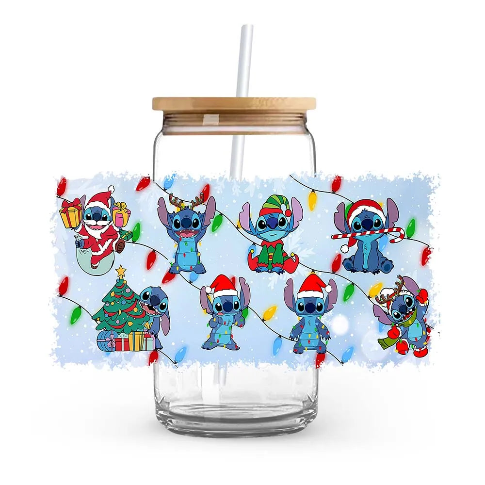Stitch Christmas Love Sweet Glass Cup Decals Cup Wrap Sticker UV DTF Long-Lasting Adhesive Labels DIY Sticker Kits for Drinkware
