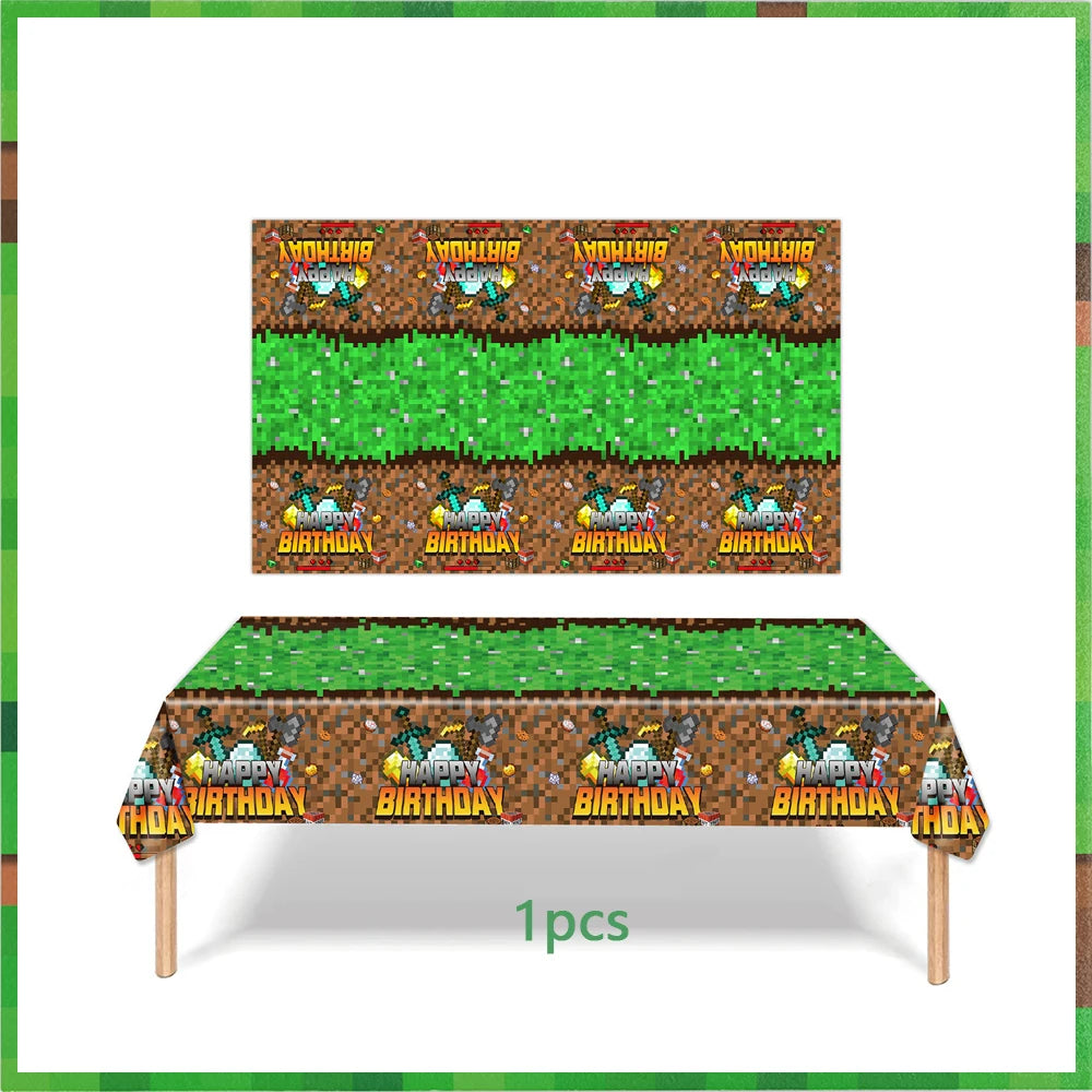 Miner Crafting Pixel Video Game Party Decor Disposable Tableware Backdrop For Kids Party Supplies Cup Plate Banner Toy Gifts