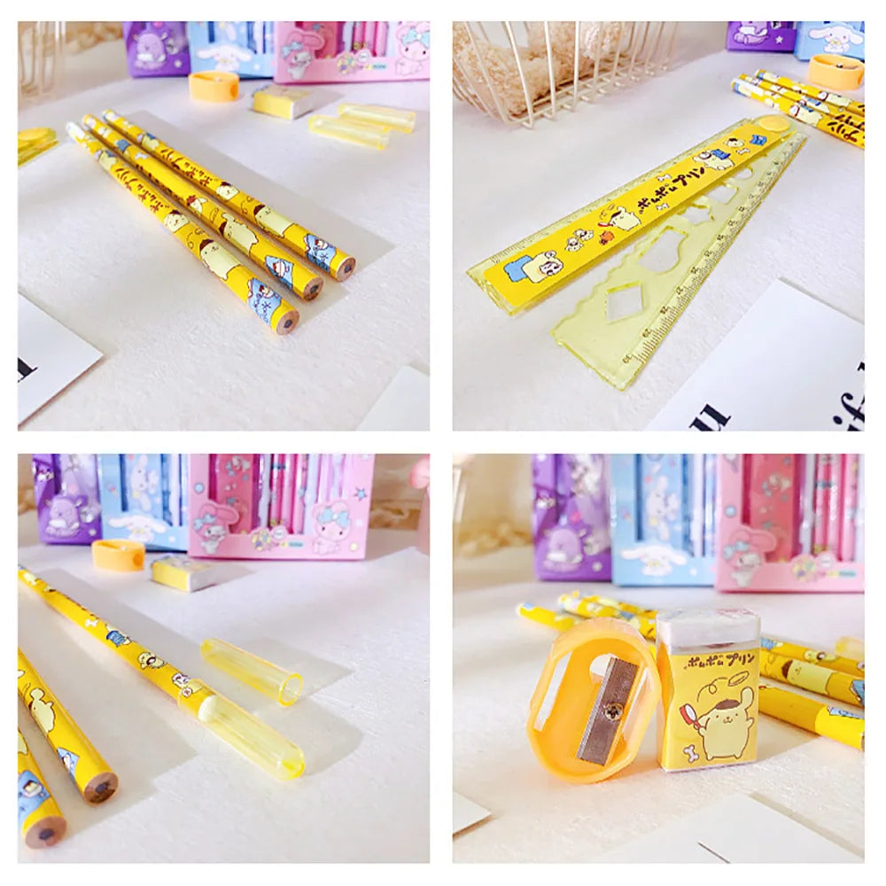 Sanrio Hellokitty Cinnamoroll Melody Kuromi Stationery Set Pencils Erasers Rulers Cartoon School Supplies Study Stationery Gifts