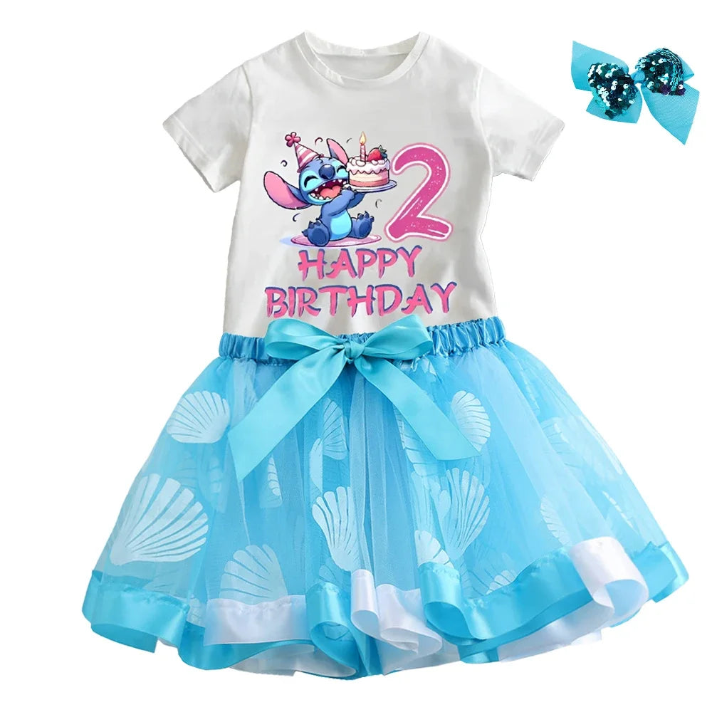 Lilo&Stitch Baby Girls Dress Sets Clothes Kids Cute Number Printed T-shirt+Skirt 2pcs Children Princess Birthday Party Costumes