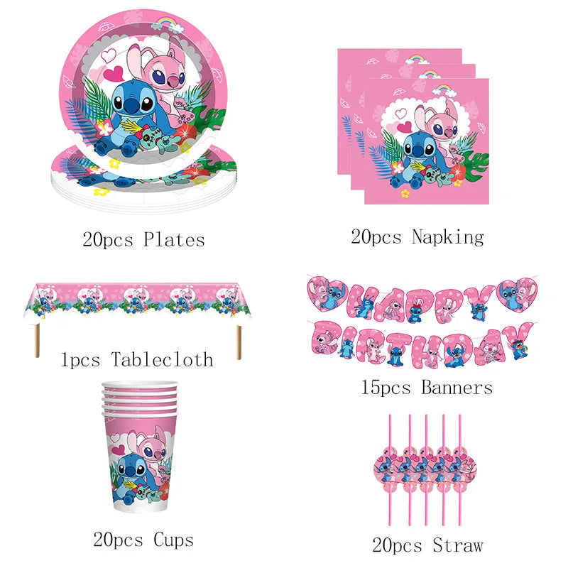 Stitch Birthday Decoration Supplies Disposable Tableware Kit Lilo and Stitch Birthday Party Cups Plates Tablecloth Supplies