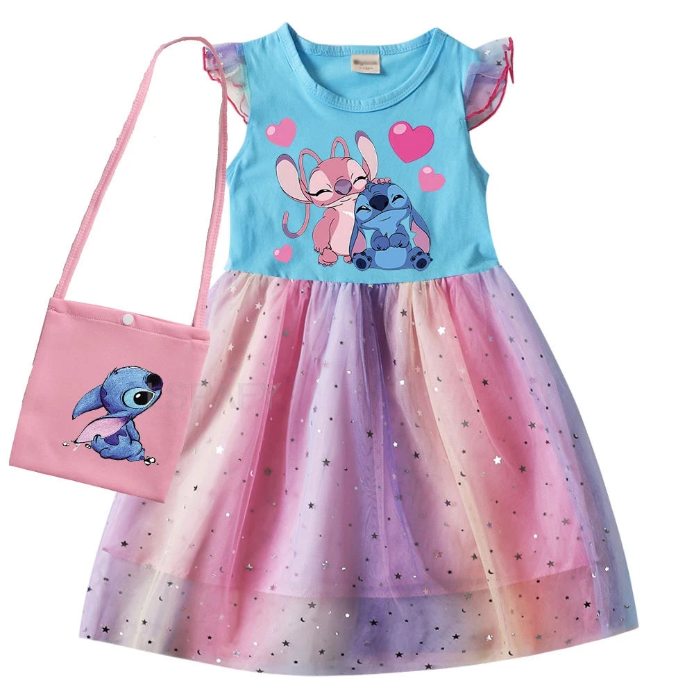 Hot Lilo And Stitch Girls Children Spring Summer Tutu Stitch Dress +Bag Kids Princess Girls Birthday Party Dress Costume