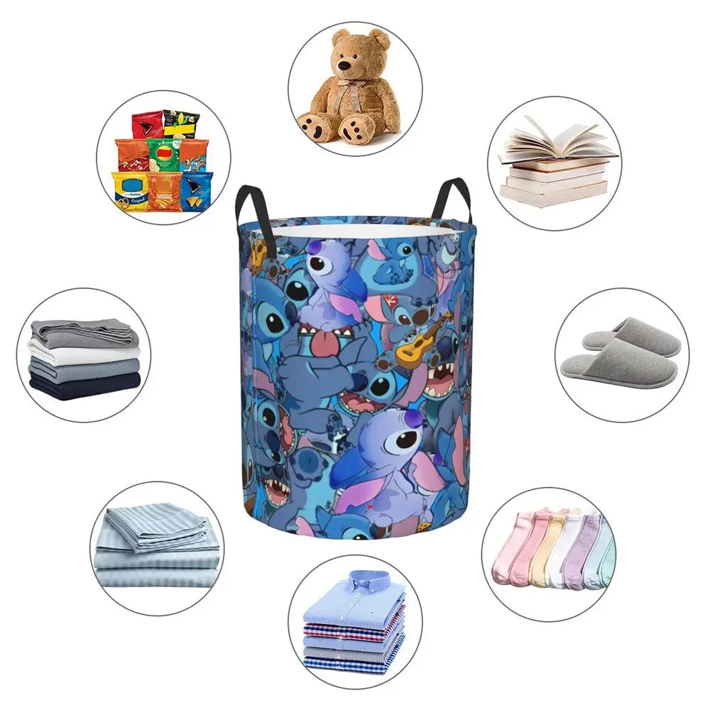 Custom Stitch Kiss Angel Love Heart Anime Laundry Hamper Large Clothes Storage Basket Toy Bin Organizer for Boy Girl