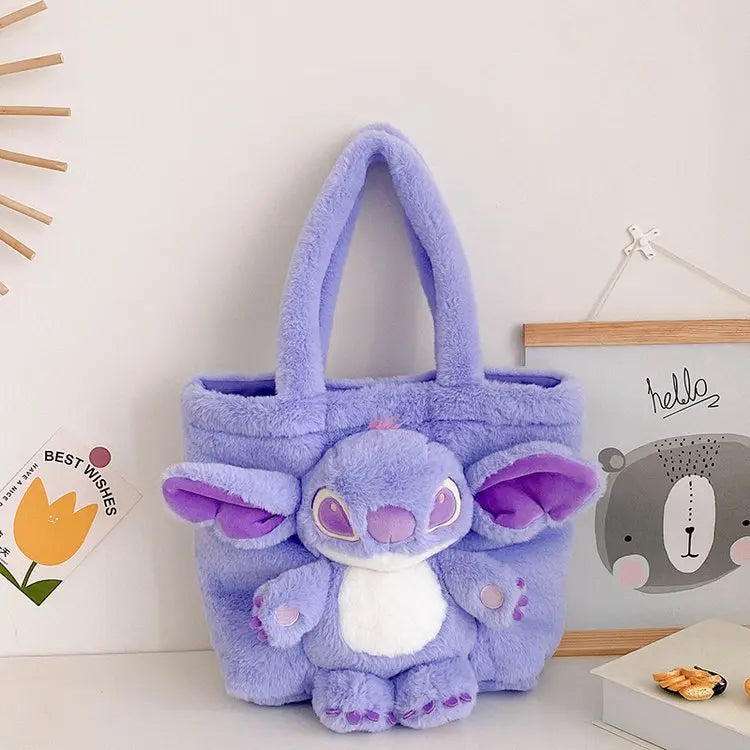 MINISO 2024 New Cartoon Plush Doll Shoulder Bag Sweet and Cute Stitch Strawberry Bear Soft Cute Girls Handbag