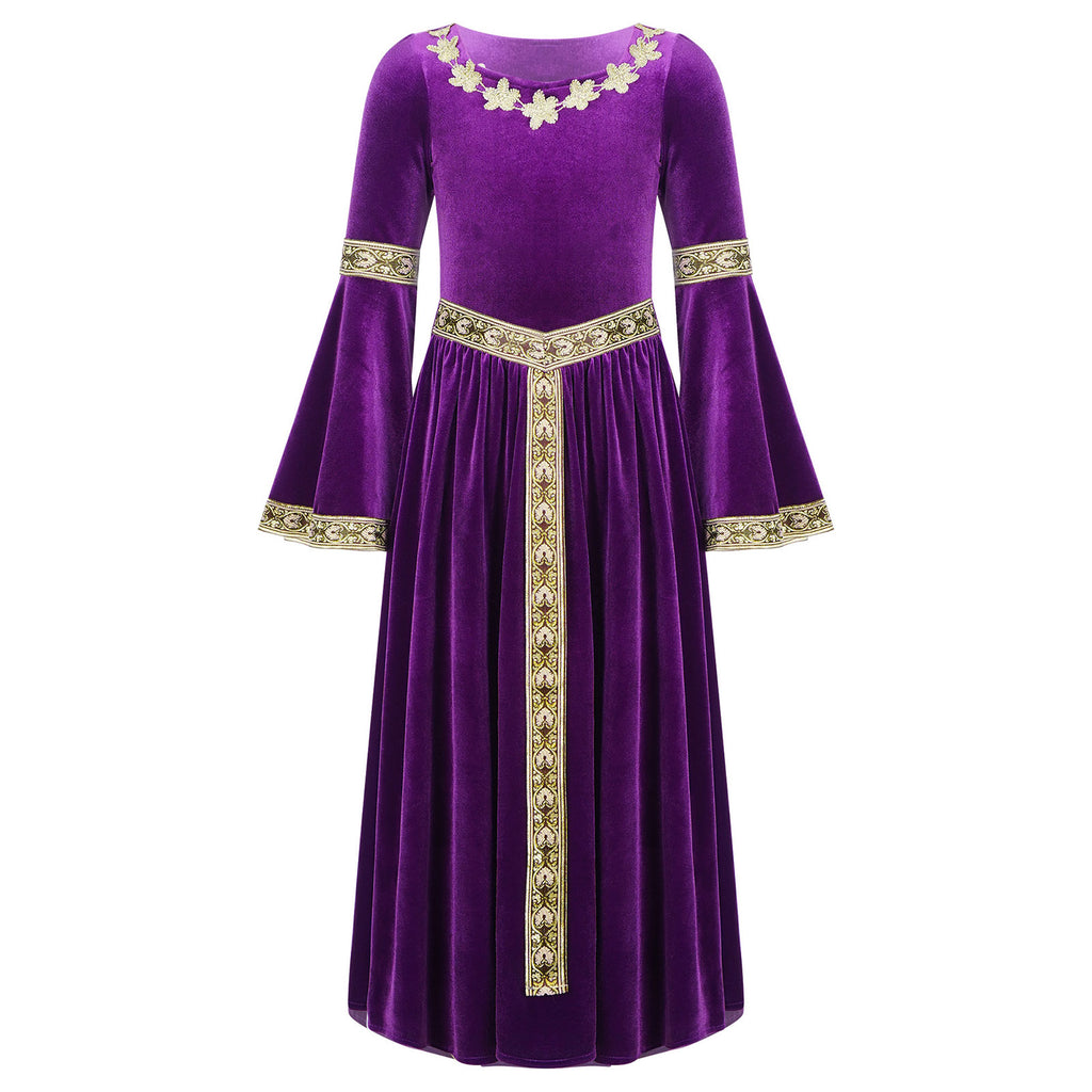 Kids Girls Medieval Renaissance Princess Costume Velvet Long Flare Sleeve Vintage Dress Gown Carnival Party Cosplay Dress Up