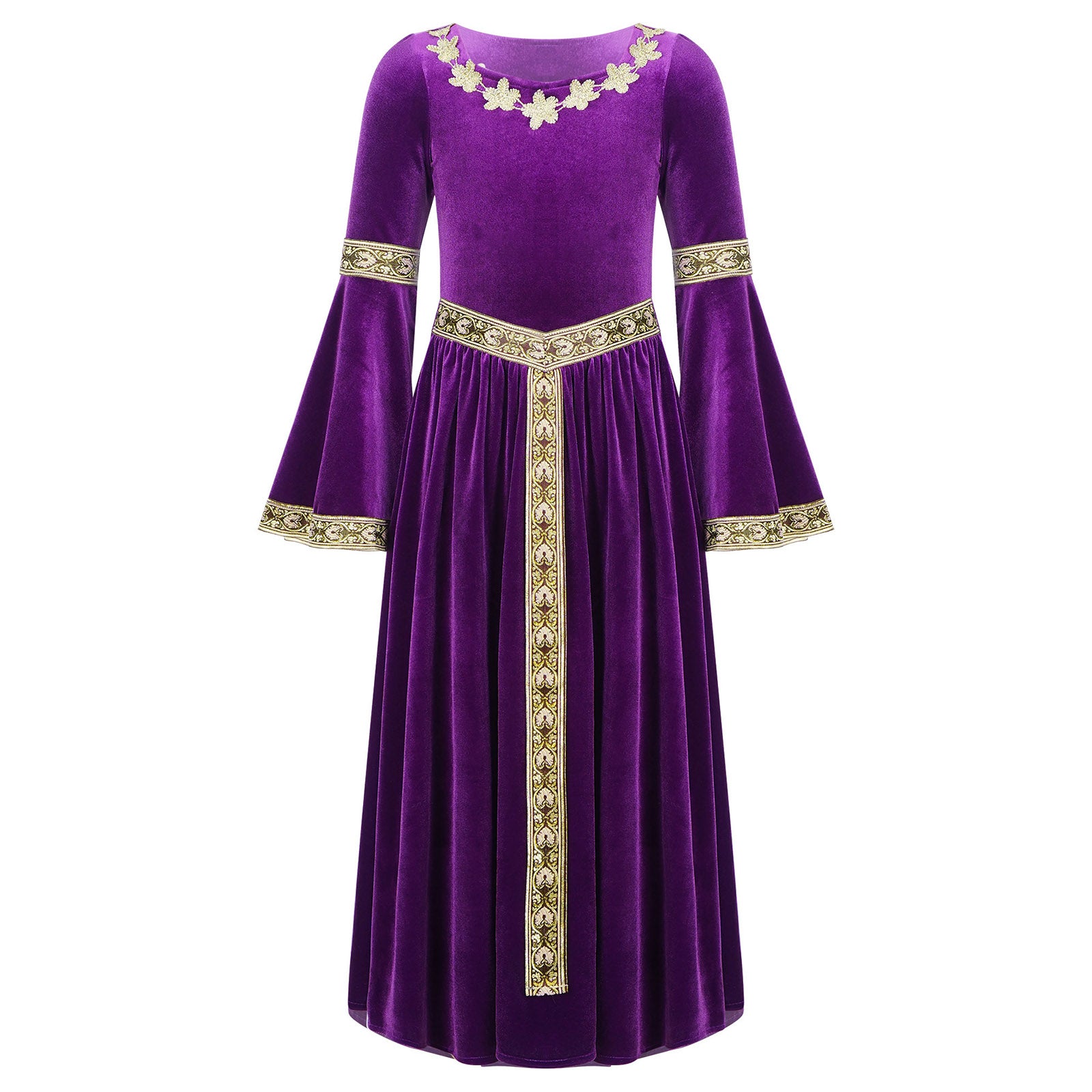 Kids Girls Medieval Renaissance Princess Costume Velvet Long Flare Sleeve Vintage Dress Gown Carnival Party Cosplay Dress Up