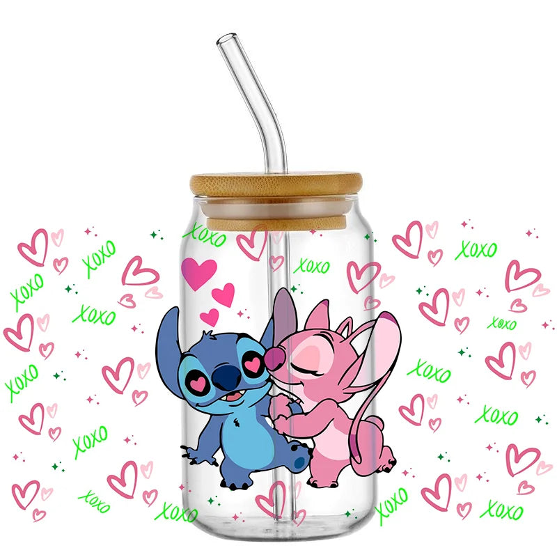 UV DTF Cup Mug Wraps Miniso Lovely Cartoon stitch 3D Transfer Sticker for 16oz Libbey Glasses  Cup Waterproof  DIY Sticker