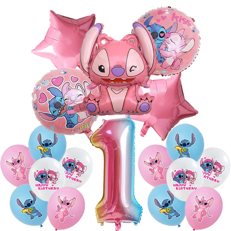 Stitch Birthday Party Decoration Pink Angel&Stitch Theme Event Supplies For Kids Balloon Disposable Tableware Banner Backdrop