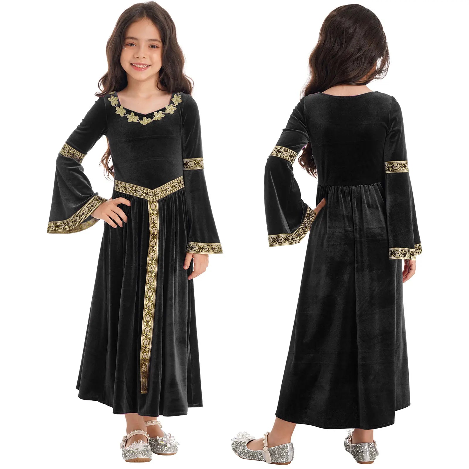 Kids Girls Medieval Renaissance Princess Costume Velvet Long Flare Sleeve Vintage Dress Gown Carnival Party Cosplay Dress Up