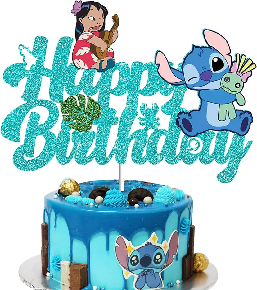 Lilo & Stitch Glitter Cake Topper Happy Birthday Decorations for Kids Boy Girl Baby Shower Cupcake Dessert Decor Supplies