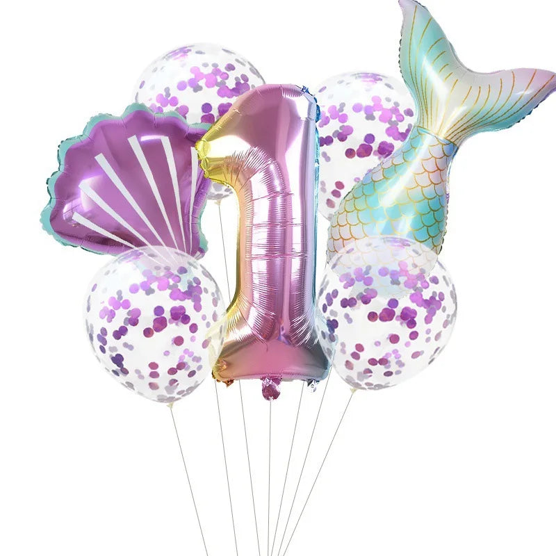 7 Pcs Little Mermaid Shell Balloons 32inch Number Foil Balloon Kids Birthday Party Decoration Supplies Baby Shower Decor Globos