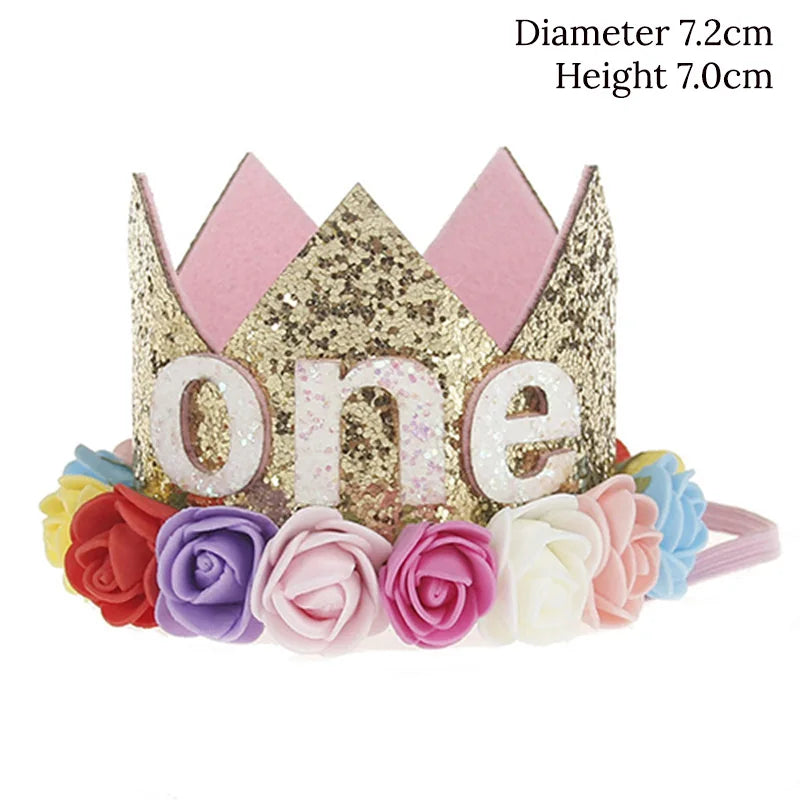 Baby Birthday Decoration Girl 1 2 3 Years Crown Hat Pink White Flower Sequins Crown 1st birthday Photo Prop Happy Birthday Gifts