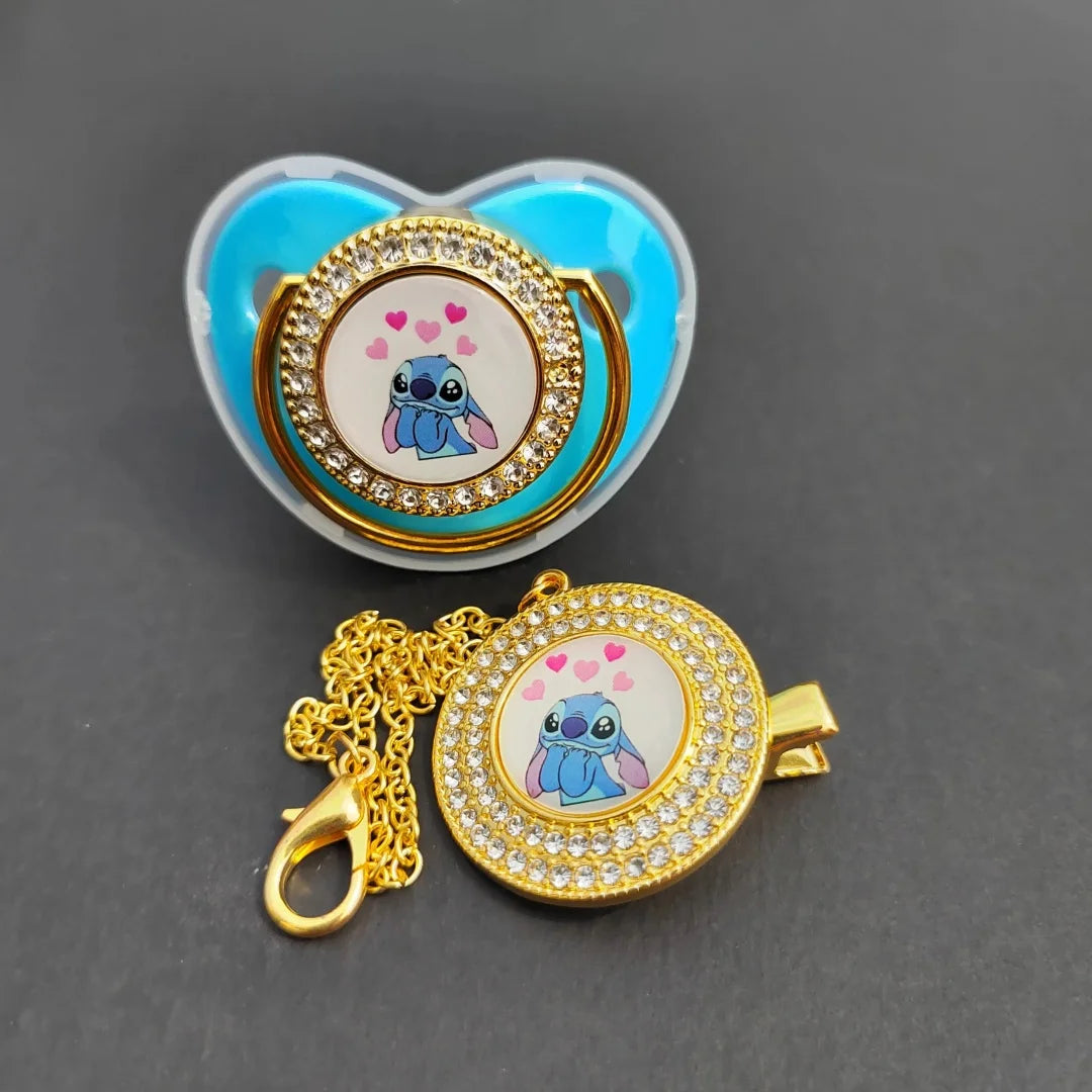 [2024 New set]0-36M Baby with dust cover silicone pacifier chain animal print Newborn tooth toy Stitch Boy Baby bath gift chupet