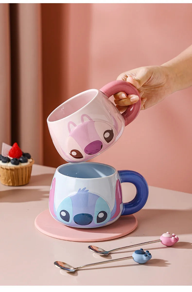 Kawaii Stitch Angel Mug Gift Box Cartoon Spoon Ceramic Cup Coffee Cup Large Capacity 500Ml Handle Water Cup Birthday Gift