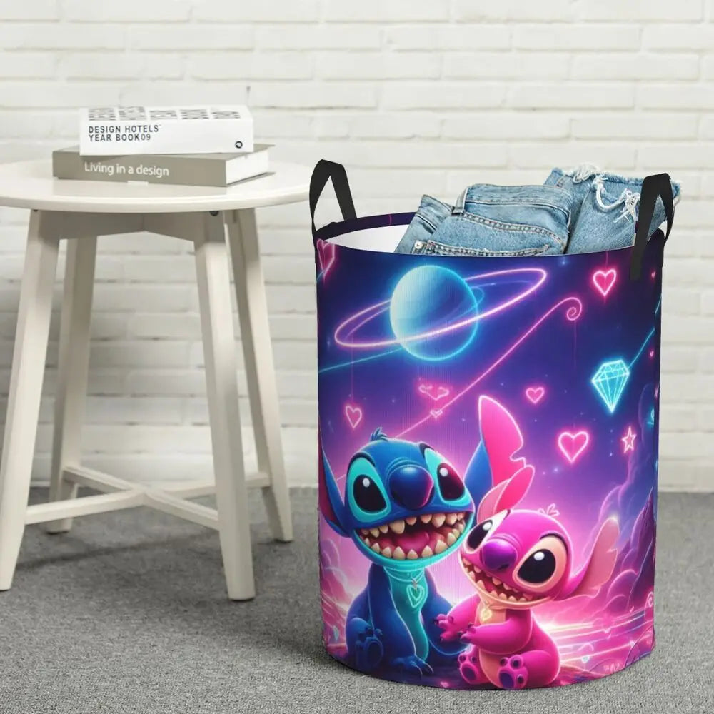 Custom Stitch Kiss Angel Love Heart Anime Laundry Hamper Large Clothes Storage Basket Toy Bin Organizer for Boy Girl