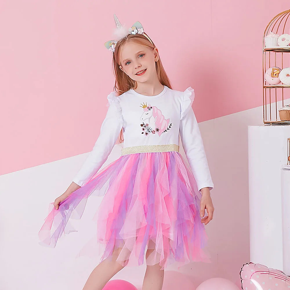 VIKITA Girl Autumn Dress Children Princess Costumes Birthday Party Unicorn Print Tulle Dresses Kids Irregular Dress 3 to 8 Yrs