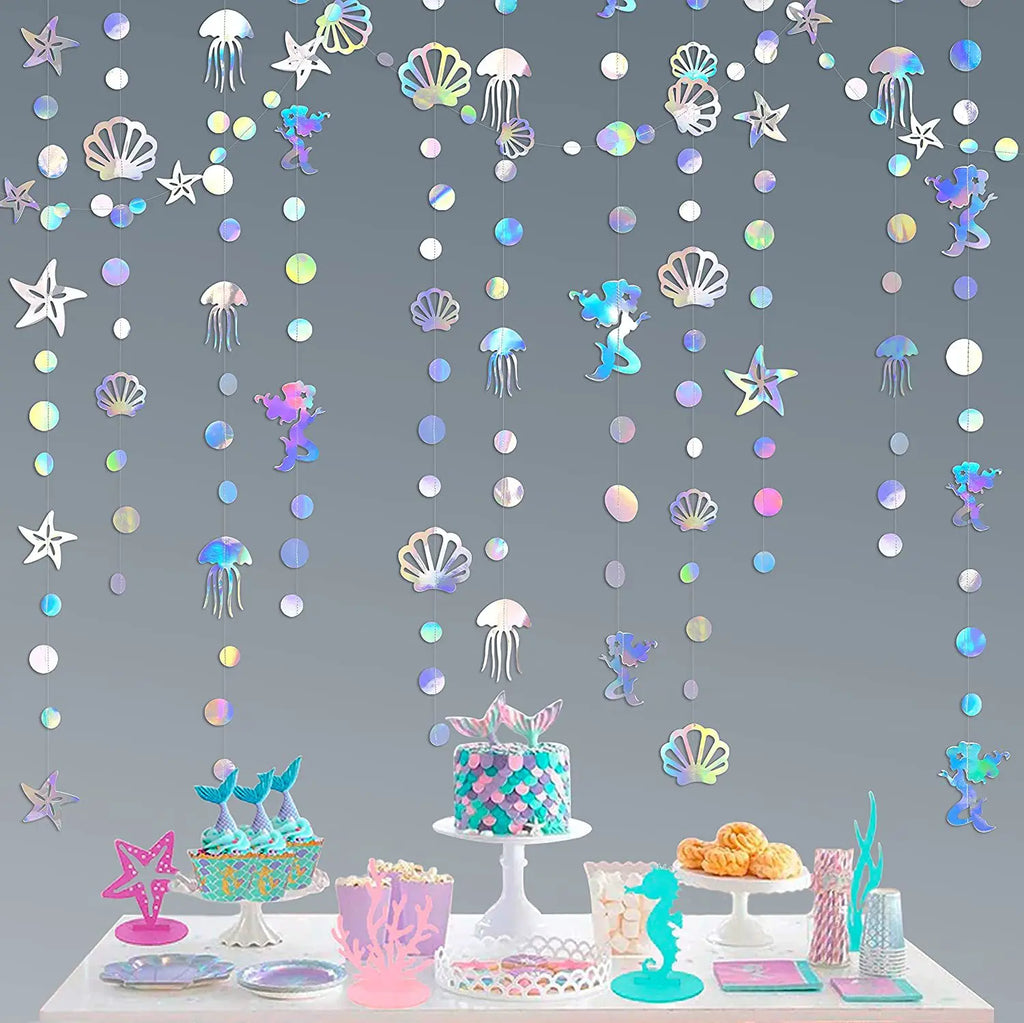 4M Mermaid Themed Silver Dazzling Gradient Pendant Banner Mermaid Bubbles Shell Banner Children's Day Birthday Party Decorations
