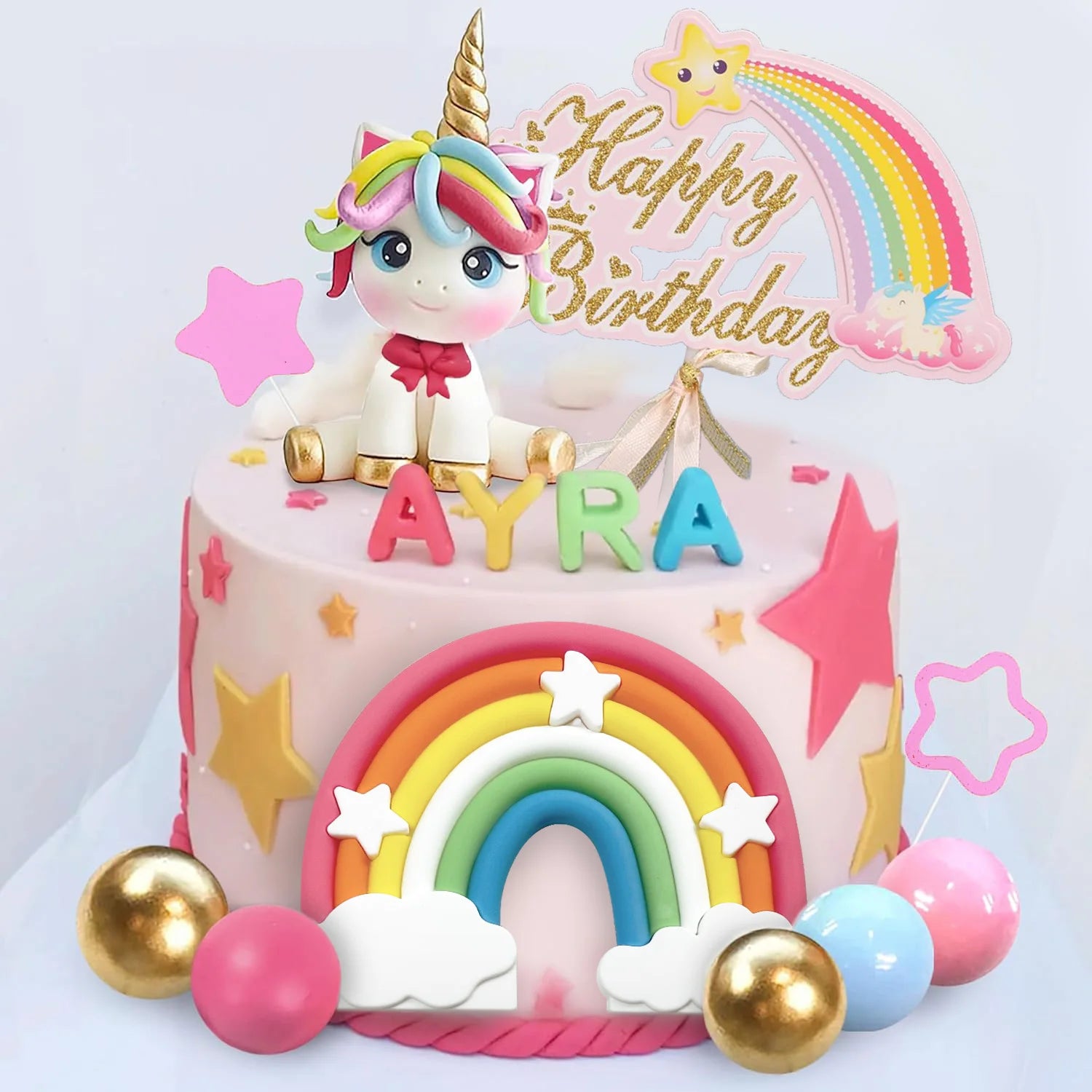 Unicorn Cake Topper Rainbow Cake Decorations with Stars Unicorn Balls Happy Birthday Cake Decorations for Ages Baby Shower