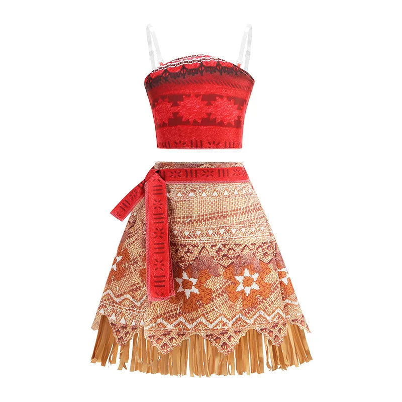 Girls Moana Princess Dress for Kids Carnival Cosplay Vaiana Costume Children Birthday Party Headwear Necklace Flower Clothes Set