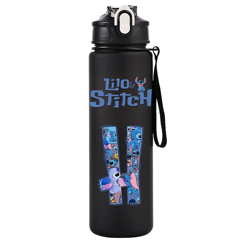 750ml Water Bottle Letter A-Z Printed Lilo Stitch Black Large Capacity Drinking Cup Portable Outdoor Sport Water Cup Kid Gifts