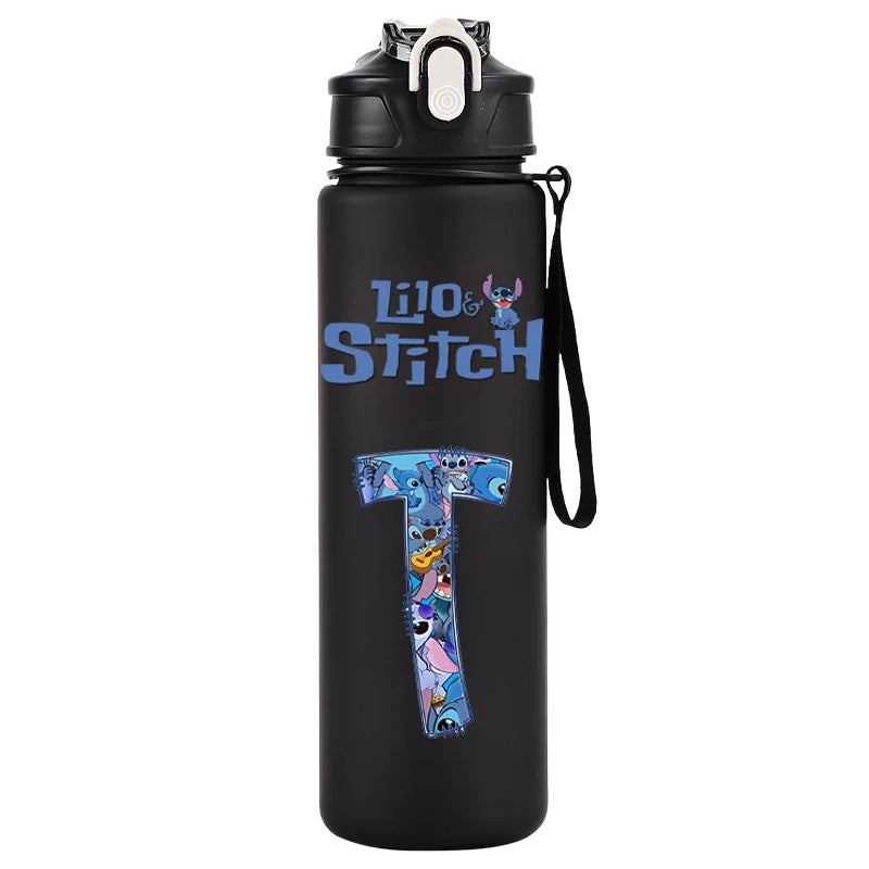 750ml Water Bottle Letter A-Z Printed Lilo Stitch Black Large Capacity Drinking Cup Portable Outdoor Sport Water Cup Kid Gifts