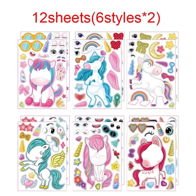 6/12Sheets Cartoon Unicorn Make A Face Assemble DIY Sticker Girls Unicorn Birthday Party Decoration Supplies Gifts for guests