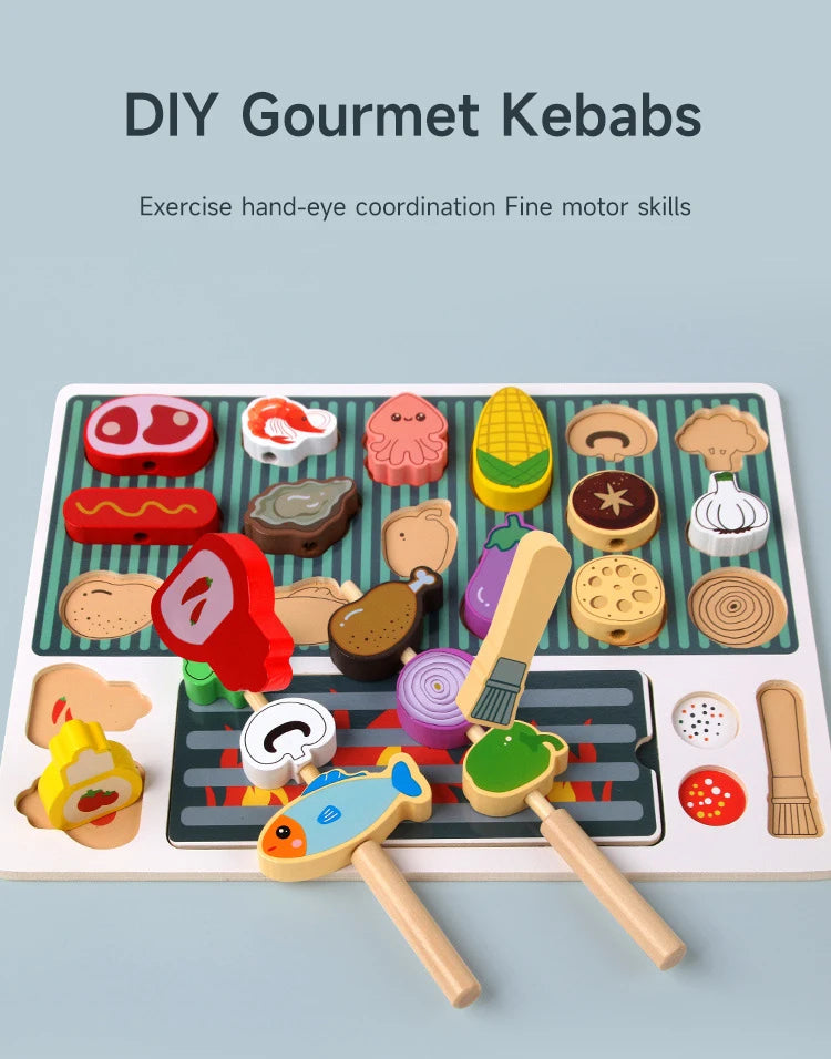 Children Wooden Barbecue Toys Kids Wooden Simulation Food Barbecue Cooking Kitchen Toys Parent-Child Interaction Play House Toys