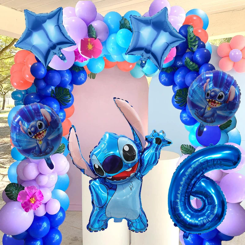 6 Pcs Blue Stitch Foil Balloons Set Digit 1-9 Years Old Balloons Cartoon Stitch Themed Baby Shower Kids Birhday Party Decoraions
