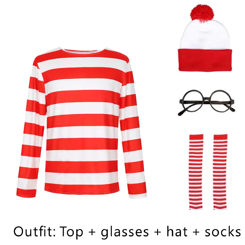 Classic Wheres Waldo Red White Striped Shirt for Men Wally Round Glasses and Hat Costume Set Unisex Halloween Cosplay Outfit
