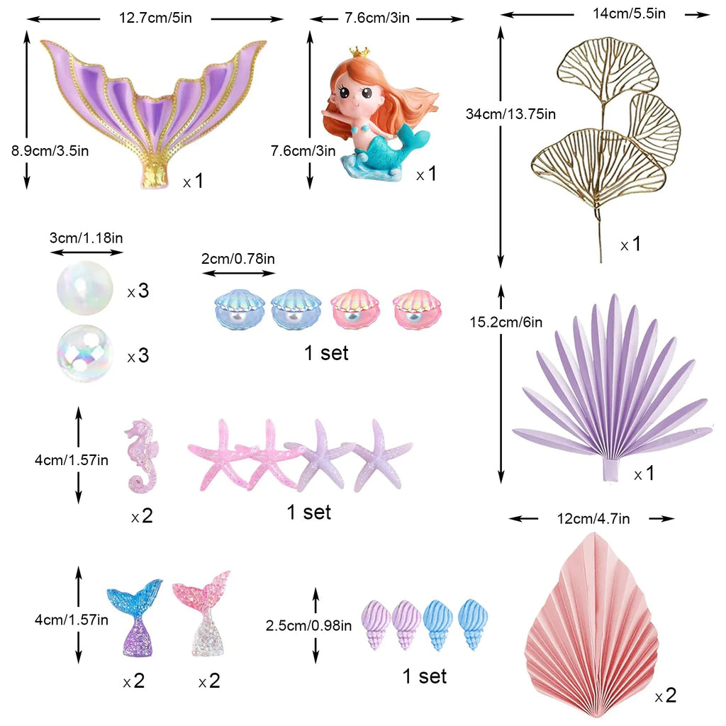Mermaid Cake Topper Big Mermaid Tails Seaweed Bubbles Shells and Golden Ginkgo Leaves Cake Set for Mermaid Cake Decorations