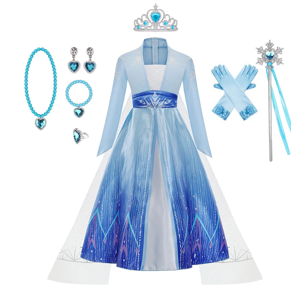 Elsa Costume for Girl Birthday Party Blue Long Sleeve Carnival Clothing Kids Princess Dress for Girls