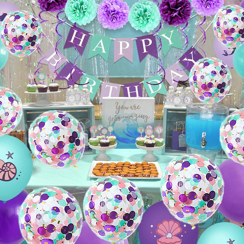 10PCS/PACK 12 inch Mermaid Theme Latex Confetti Balloons Mermaid Party Decoration Globos for Girl Mermaid Birthday Party Decor