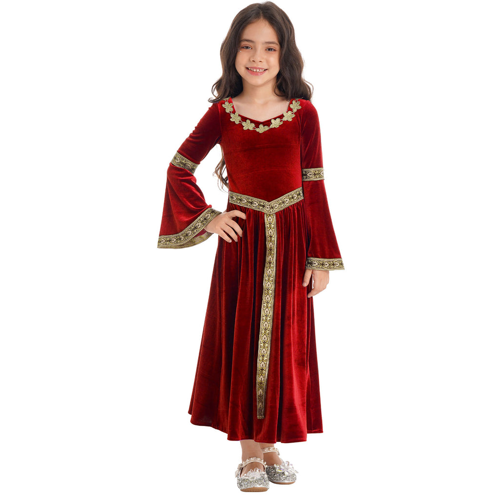 Kids Girls Medieval Renaissance Princess Costume Velvet Long Flare Sleeve Vintage Dress Gown Carnival Party Cosplay Dress Up