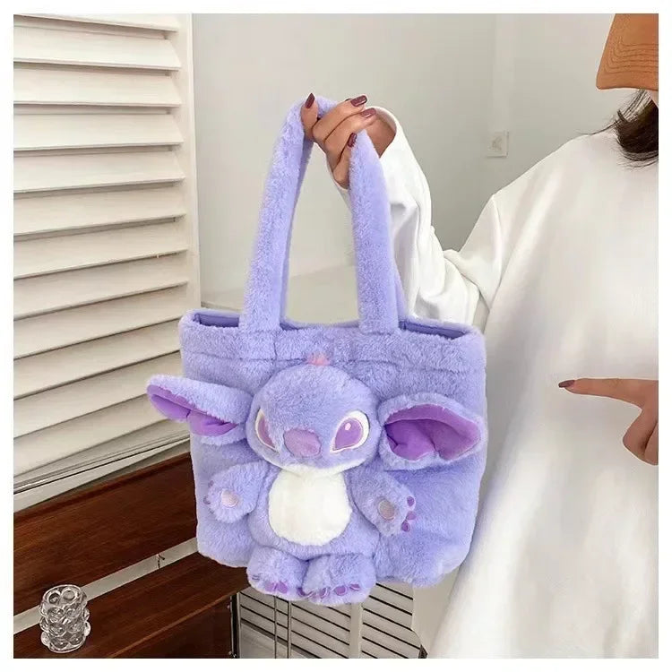 MINISO 2024 New Cartoon Plush Doll Shoulder Bag Sweet and Cute Stitch Strawberry Bear Soft Cute Girls Handbag