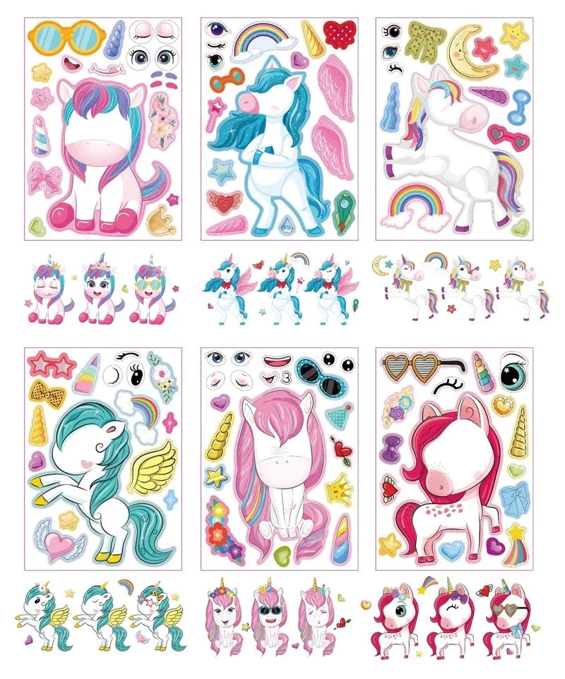 6/12Sheets Cartoon Unicorn Make A Face Assemble DIY Sticker Girls Unicorn Birthday Party Decoration Supplies Gifts for guests