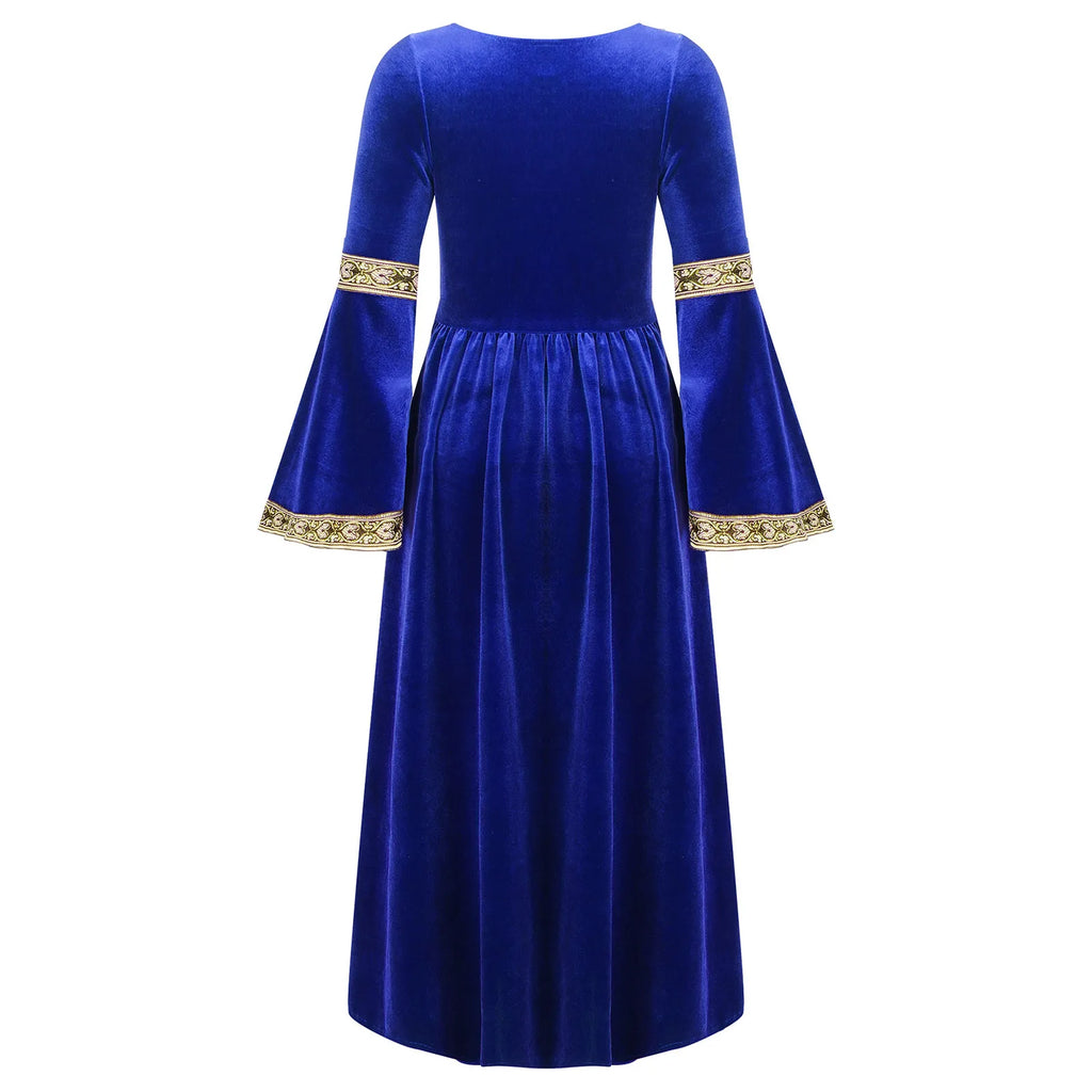 Kids Girls Medieval Renaissance Princess Costume Velvet Long Flare Sleeve Vintage Dress Gown Carnival Party Cosplay Dress Up