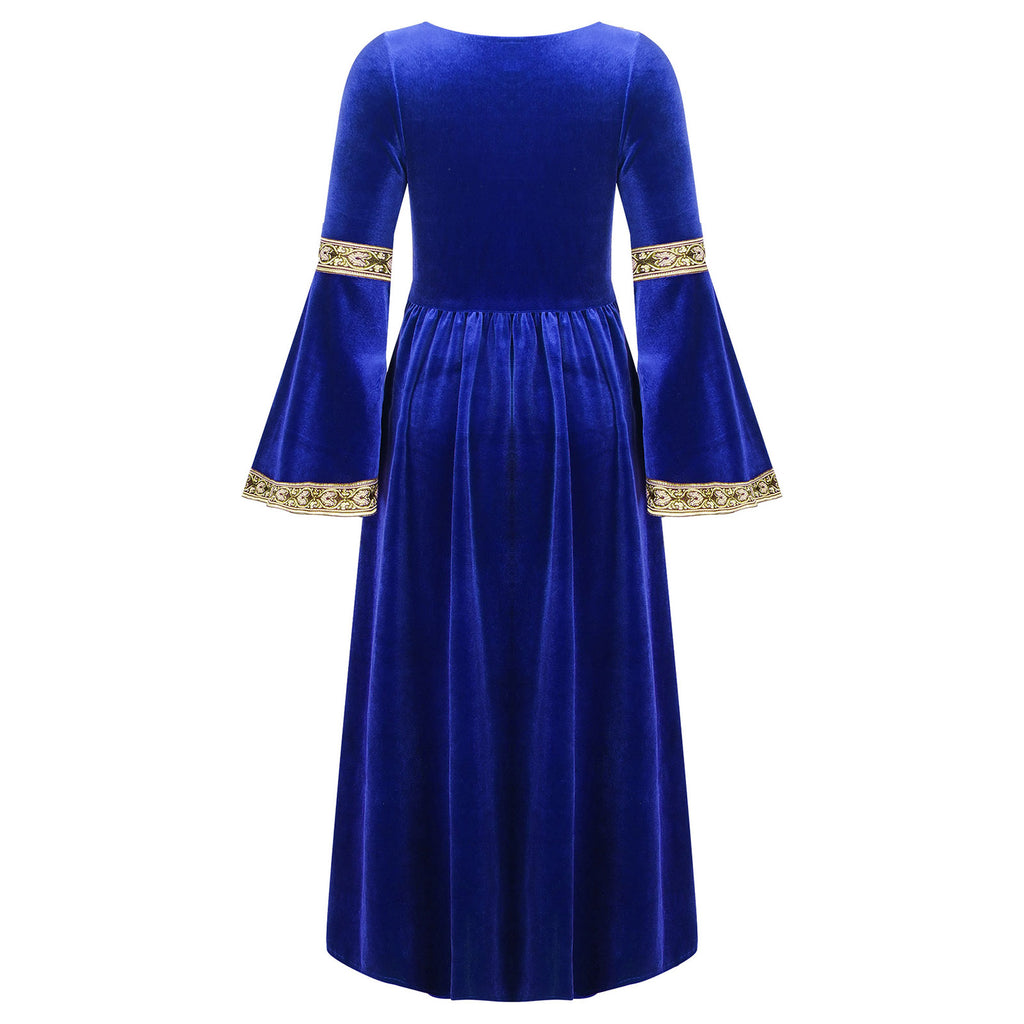 Kids Girls Medieval Renaissance Princess Costume Velvet Long Flare Sleeve Vintage Dress Gown Carnival Party Cosplay Dress Up