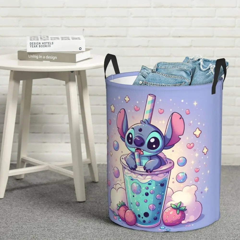 Custom Stitch Kiss Angel Love Heart Anime Laundry Hamper Large Clothes Storage Basket Toy Bin Organizer for Boy Girl