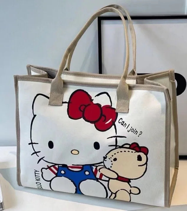 Hello Kitty Canvas Bag Sanrio Tote Bag Shoulder Storage Makeup Pouch Anime Handbag Travel Shopping Bag Kid Schoolbag Girl Gift