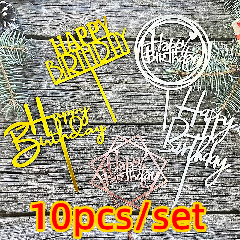 10 Pcs Acrylic Happy Birthday Cake Topper Pink Gold Silver Acrylic Kids Men Women Cake Decorations for Baby Shower Gift Supplies
