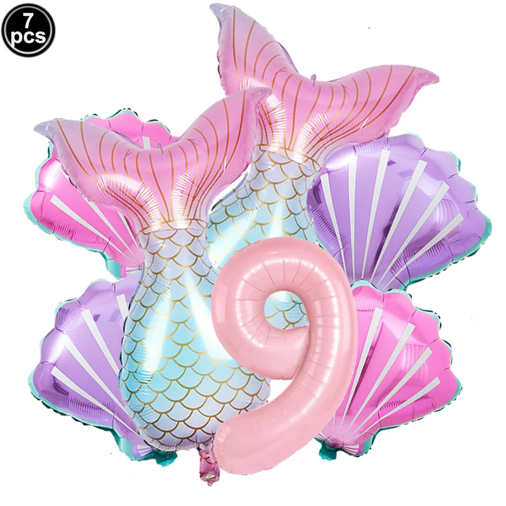 Mermaid Birthday Decorations 7 Pcs Mermaid Foil Balloon Mermaid Tail Balloon Mermaid Decor for 1st-9th Birthday Party Baby Showe