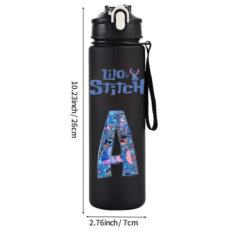 750ml Water Bottle Letter A-Z Printed Lilo Stitch Black Large Capacity Drinking Cup Portable Outdoor Sport Water Cup Kid Gifts