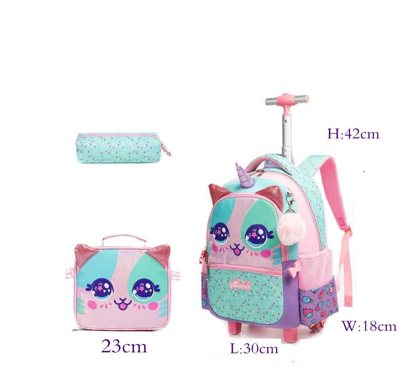 Kids School Trolley Bags 3 In 1 School Rolling Backpack Bag For Girls Children Travel Rolling Luggage Bag Unicorn Schoolbag