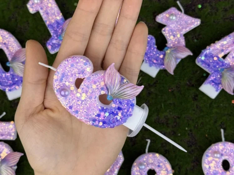 Purple Mermaid Tail Glitter 0-9 Number Candle Birthday Party Candle for Girls Cake Decoration