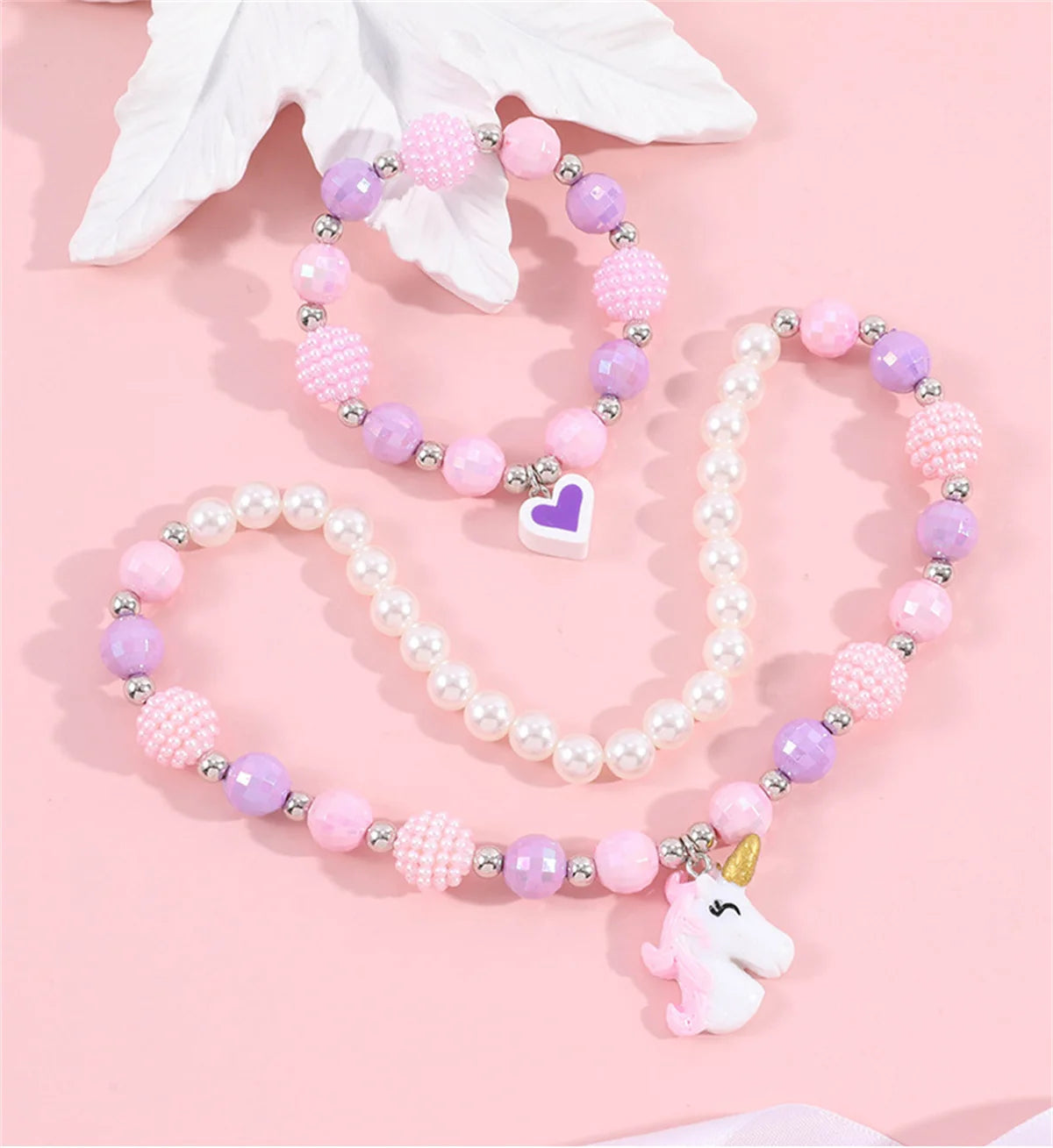 Cute Unicorn Pendant Necklace for Girls Heart Beads Necklace for Children Fashion Jewelry Accessories Birthday Gift