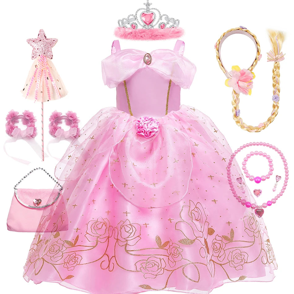 Aurora Pink Princess Dress Girl Sleeping Beauty Cosplay Costume Summer Floral Rose Print Sling Frocks 2-10 Yrs Kids Elegant Gown