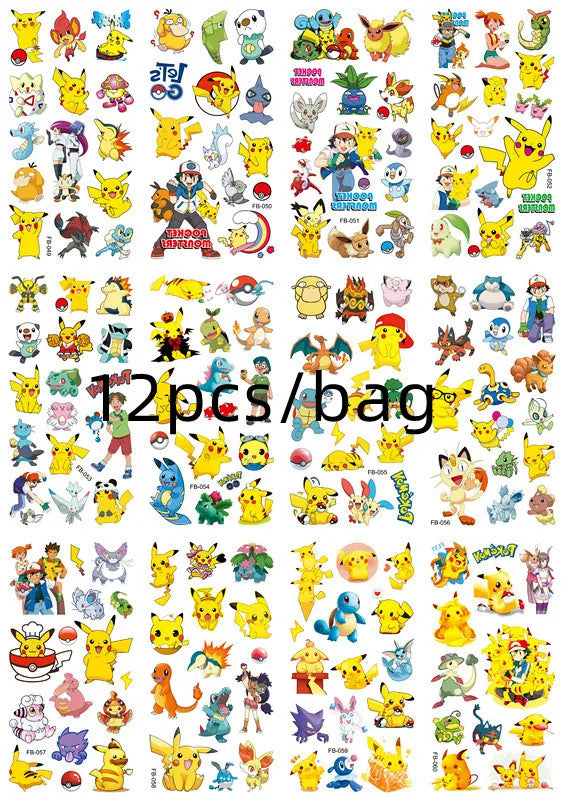 12pcs/bag Pokemon Tattoo Stickers Waterproof Cute Pikachu Sticker Funny Cartoon Kids Girls Christmas Birthday Gift reward Toy