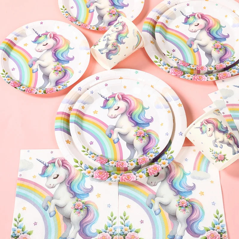 Rainbow Unicorn Disposable Tableware Happy 1st Birthday Party Decorations Kids Unicorn Theme Wedding Baby Shower Girls Supplies