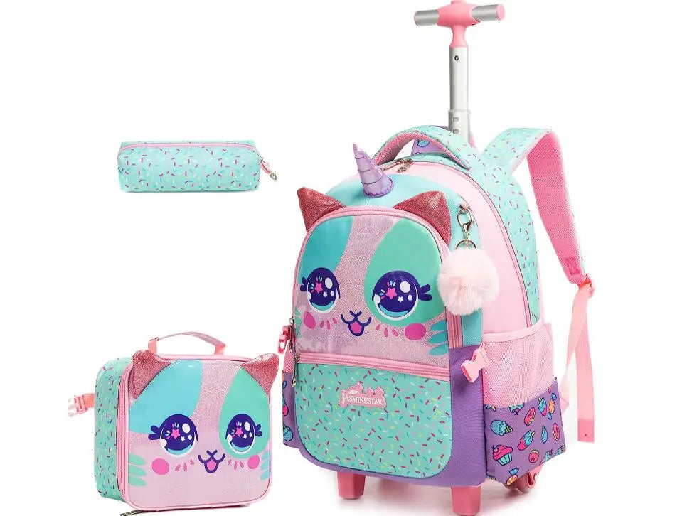Kids School Trolley Bags 3 In 1 School Rolling Backpack Bag For Girls Children Travel Rolling Luggage Bag Unicorn Schoolbag
