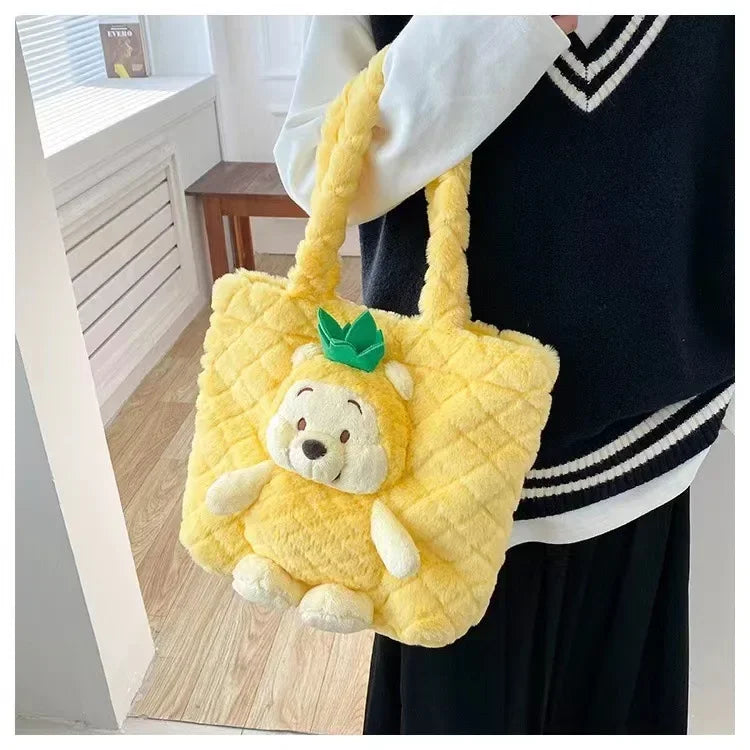 MINISO 2024 New Cartoon Plush Doll Shoulder Bag Sweet and Cute Stitch Strawberry Bear Soft Cute Girls Handbag